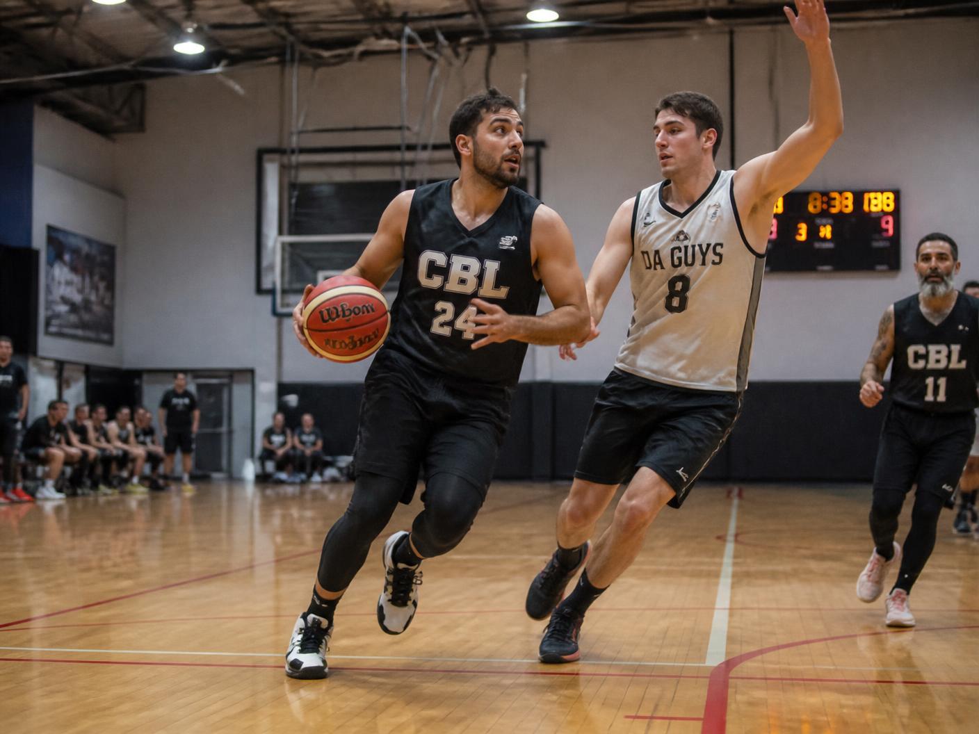 Recreational basketball player driving to the hoop past a defender in a community gym