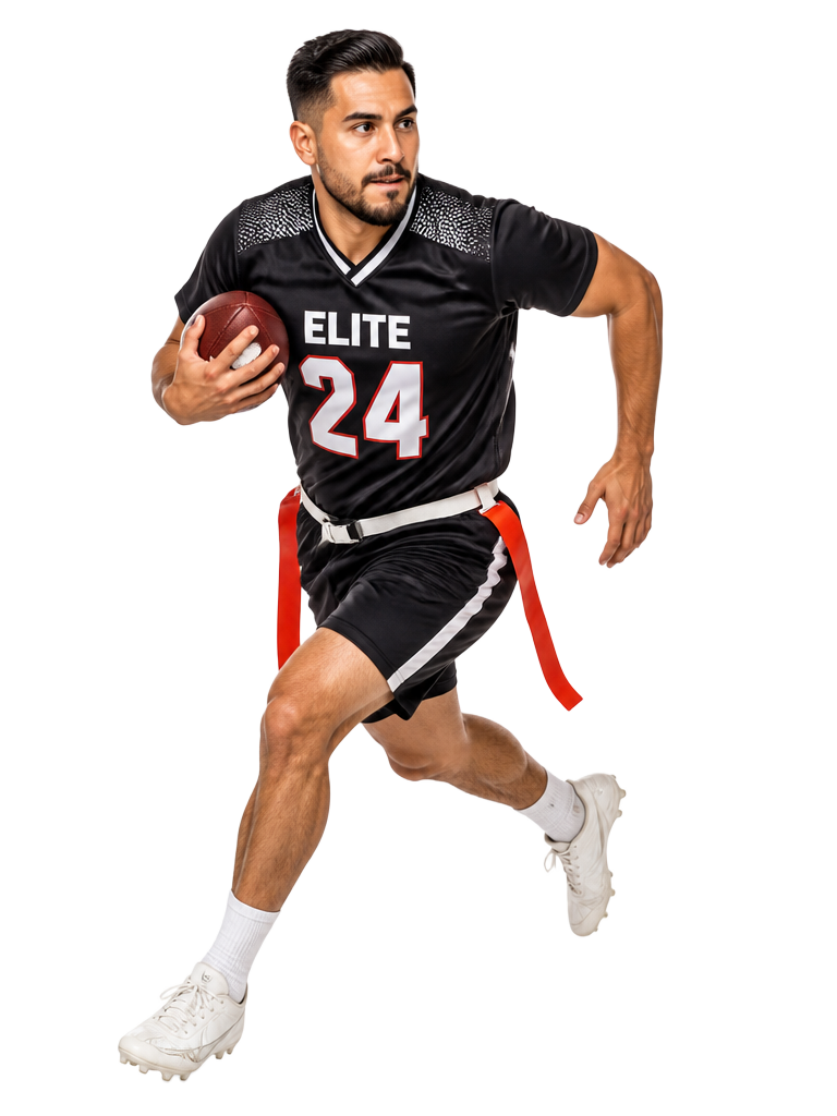 Flag football player running with the ball, flags on the belt