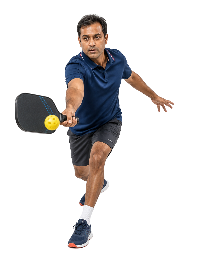 Pickleball player lunging to return a volley with a paddle