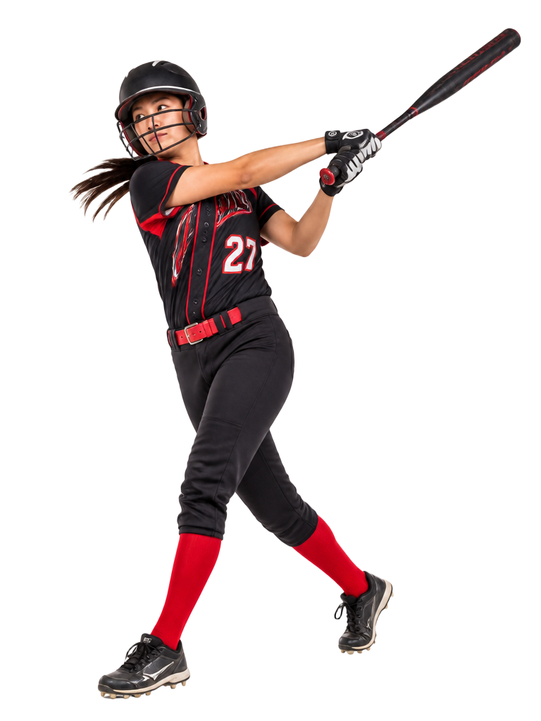 Softball player following through on a swing