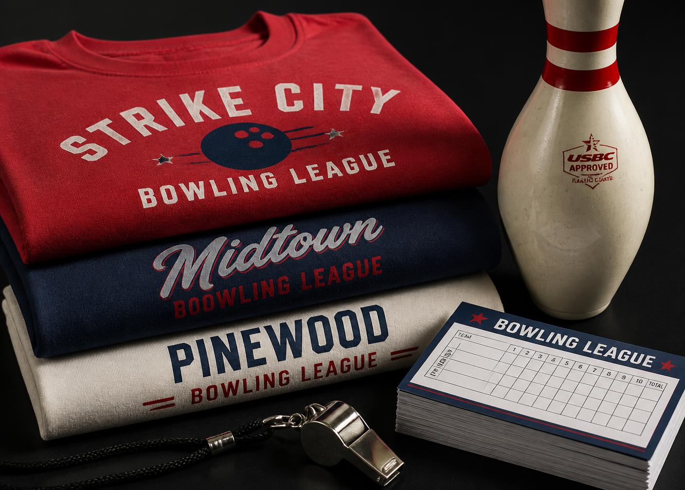 Stacked league t-shirts beside a whistle, scorecards and a bowling pin